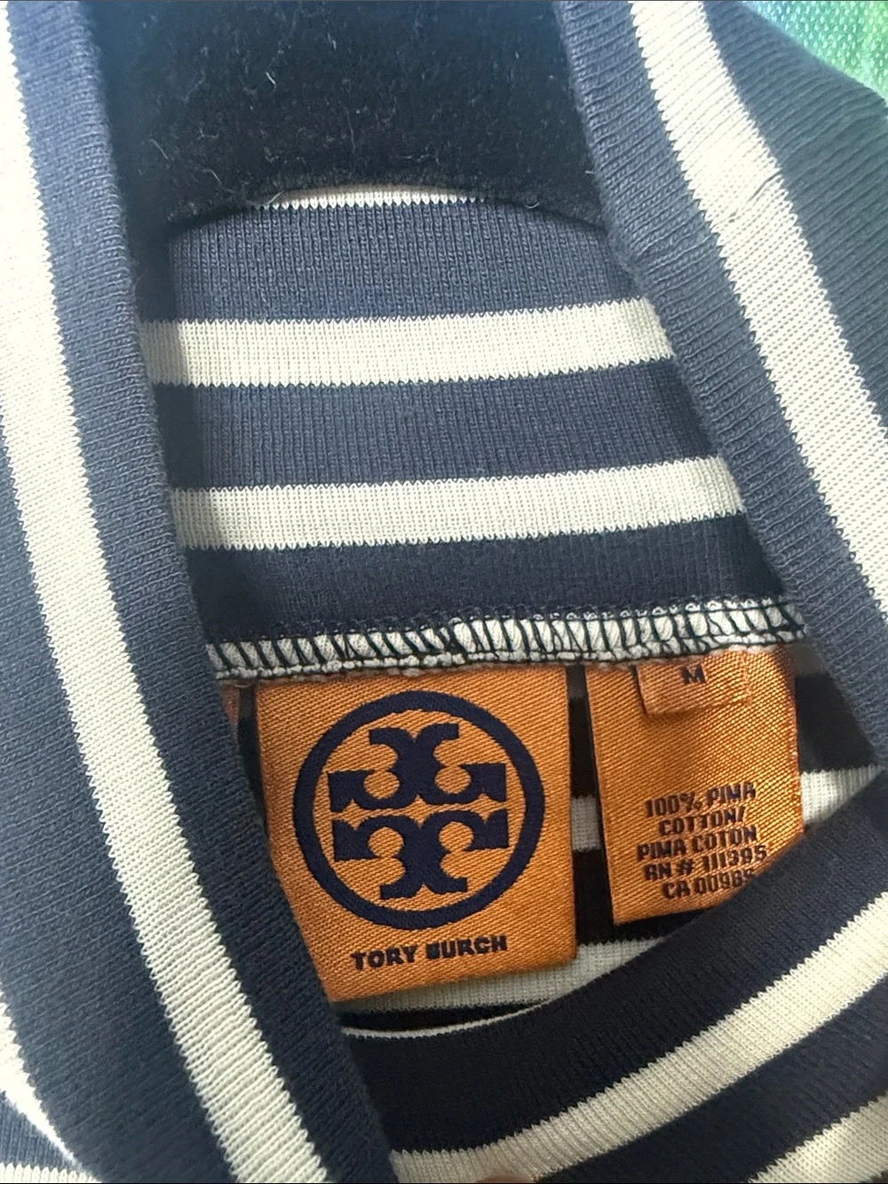 Tory Burch Navy & Ivory Striped Pima Cotton Turtleneck Top Medium